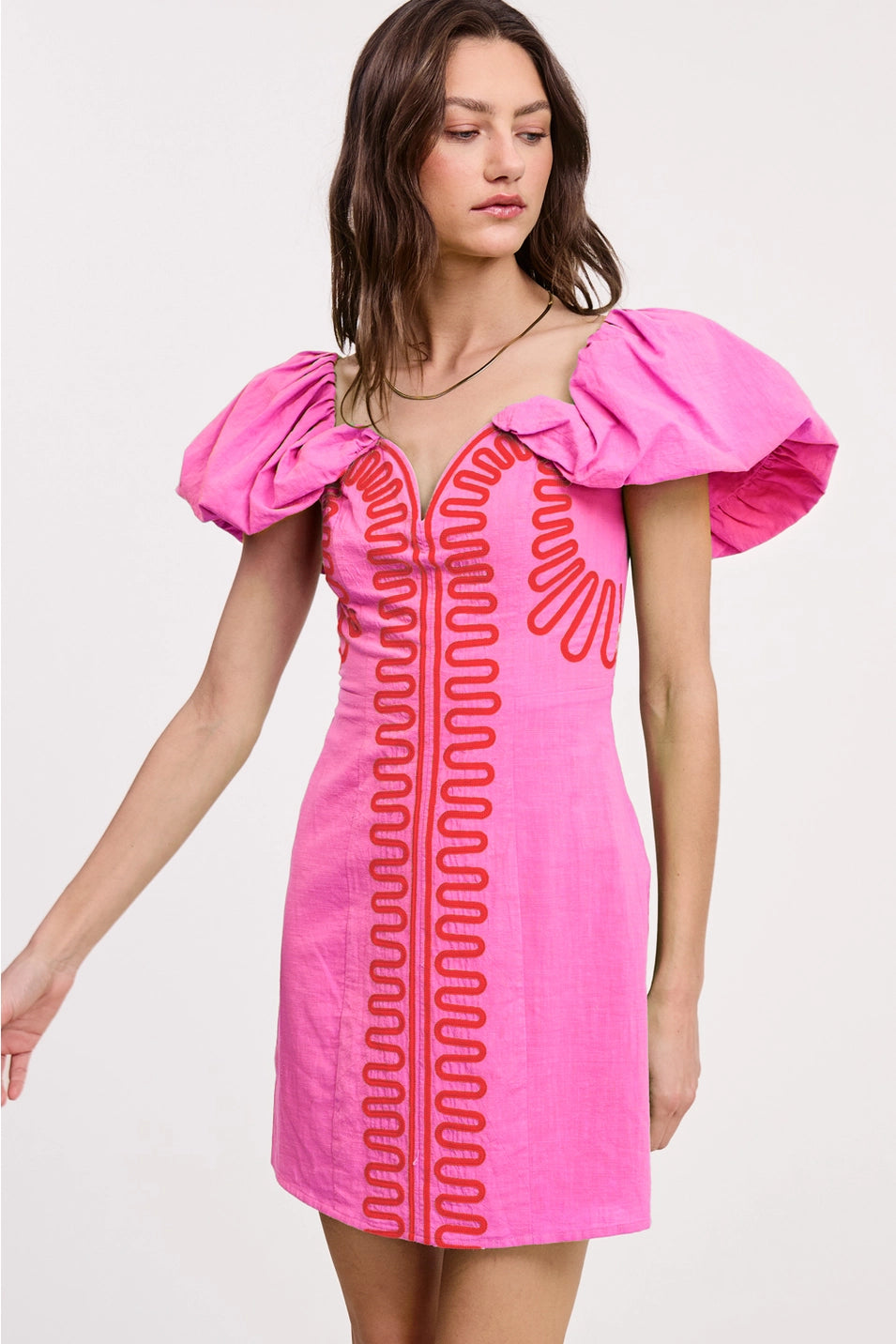 EMBROIDERY DETAIL OFF SHOULDER LINEN MINI DRESS
