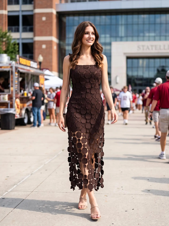 3D LACE FRINGE HEM BODYCON MIDI DRESS