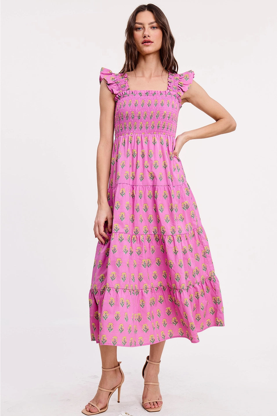 FLORAL CLUSTERS SMOCKED MIDI DRESS