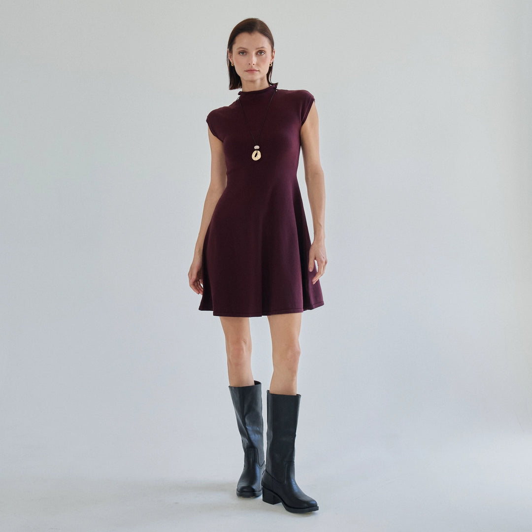 MOCK NECK FIT &amp; FLARE MINI SWEATER DRESS