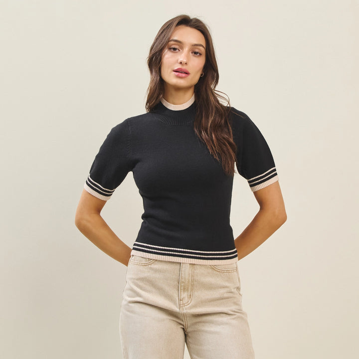 COLOR CONTRAST DETAILED MOCK NECK SWEATER TOP
