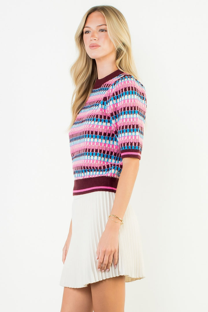 SHORT SLEEVE MULTI COLOR KNIT TOP