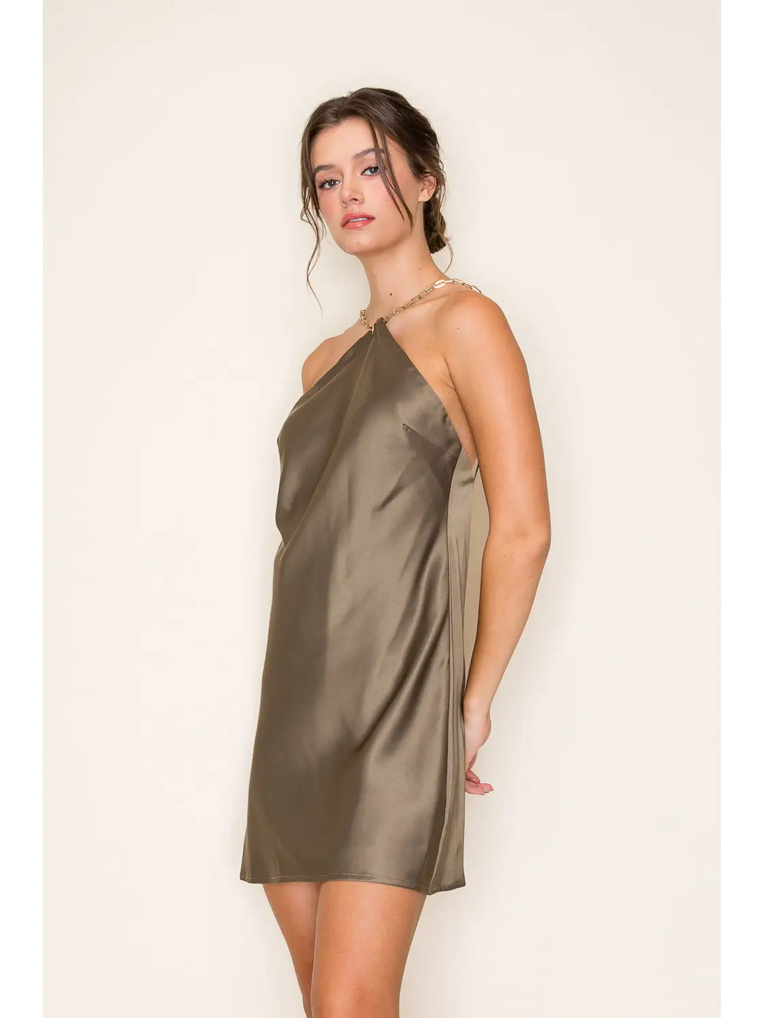 HALTER NECK SATIN MINI SKIMMER A-LINE DRESS