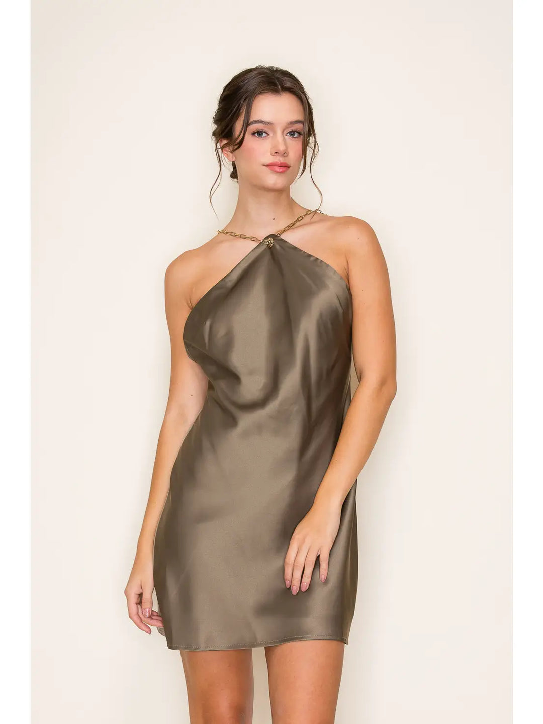 HALTER NECK SATIN MINI SKIMMER A-LINE DRESS