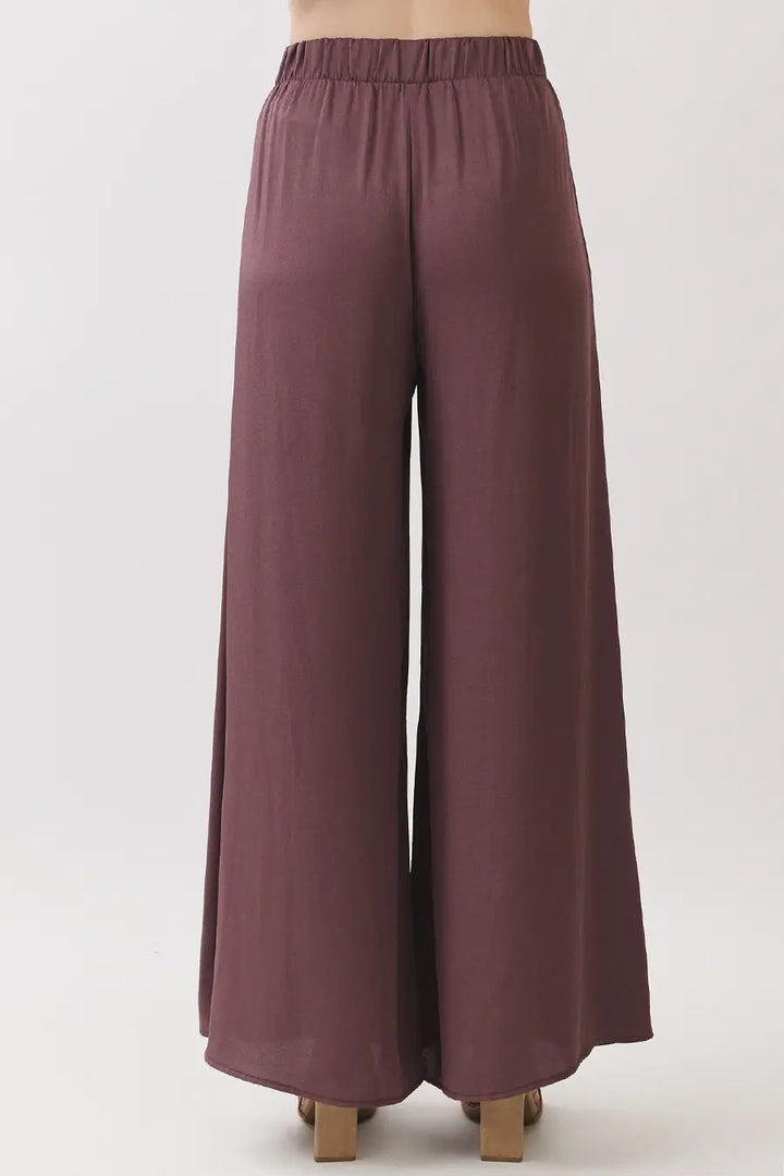 WASHED POLY SILK TIE WAIST WIDE LEG PANTS