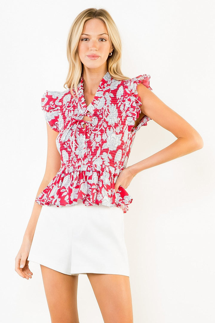 RUFFLED TEXTURED FLORAL TOP