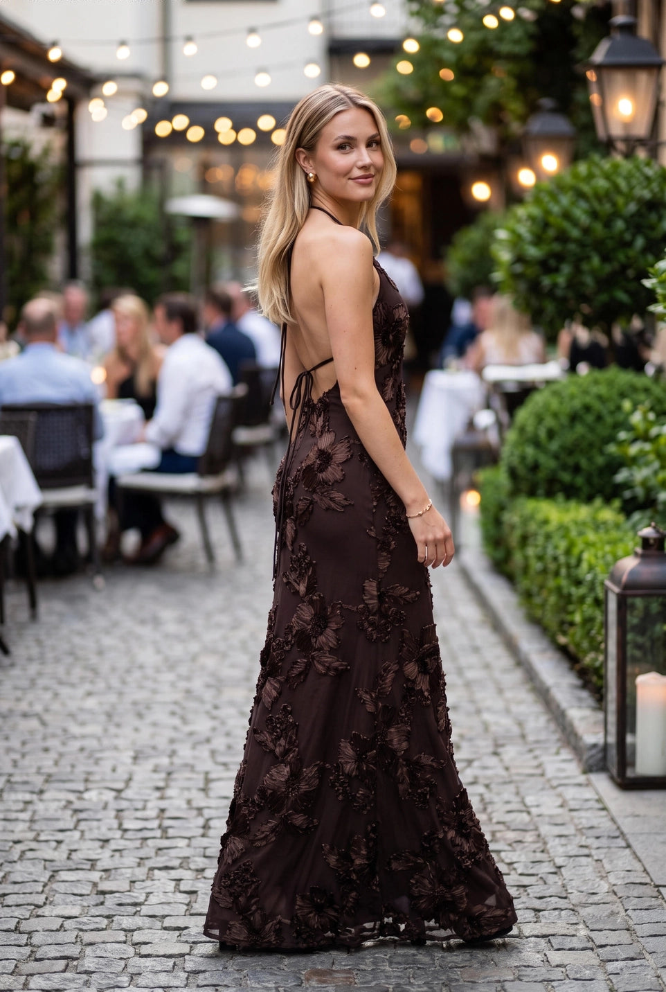 3D FLORAL MESH MERMAID MAXI DRESS