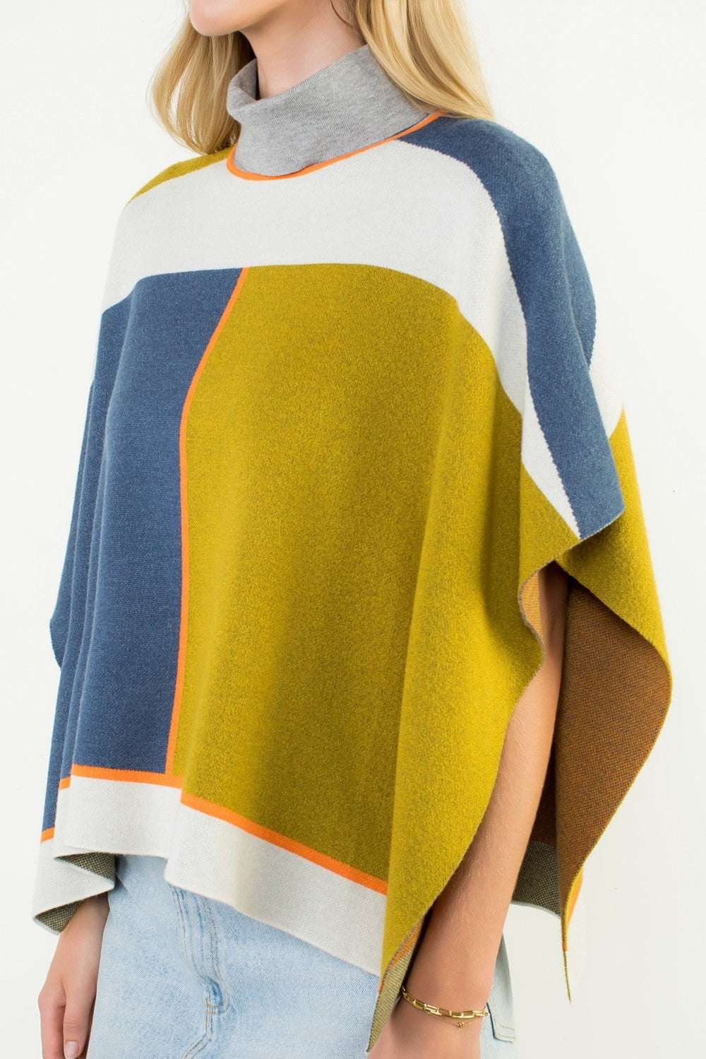 COLORBLOCK MOCK NECK KNIT PONCHO