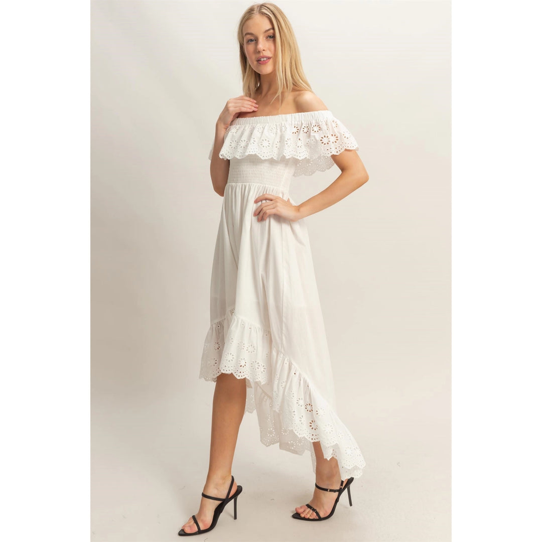 OFF SHOULDER SMOCKED DRESS