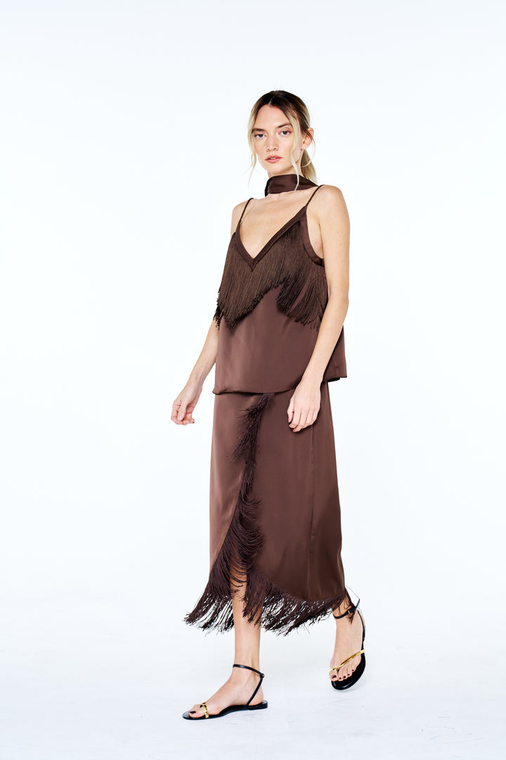 Sana Fringed Satin Wrap Midi Skirt
