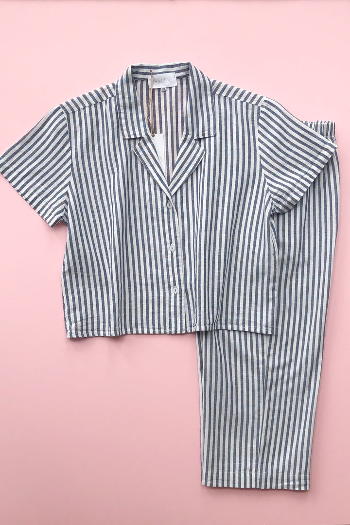 Cropped Button Down-High Waisted  Striped Capri