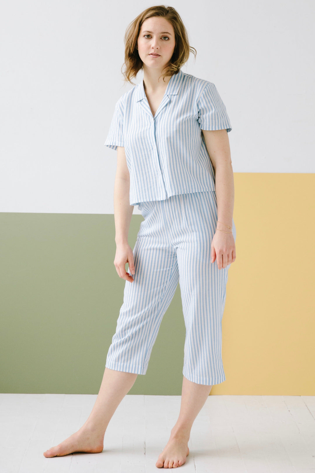 Cropped Button Down-High Waisted  Striped Capri