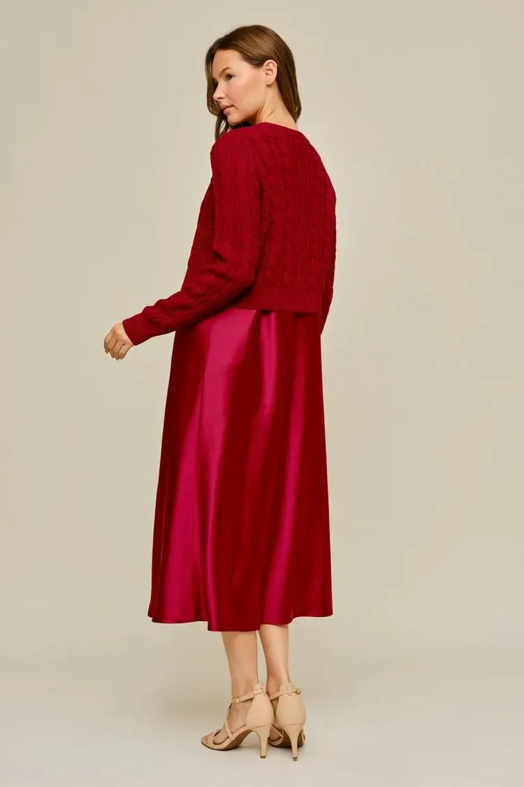 SATIN MIDI DRESS &amp; CABLE KNIT SWEATER SET