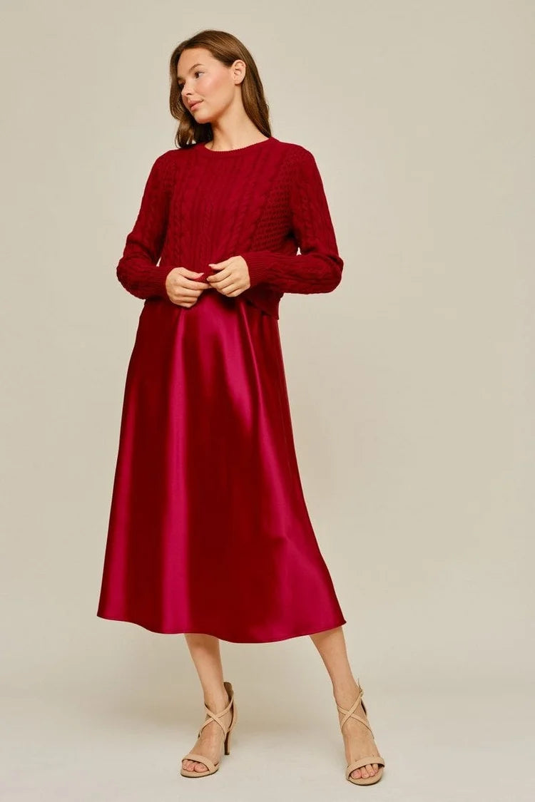 SATIN MIDI DRESS &amp; CABLE KNIT SWEATER SET