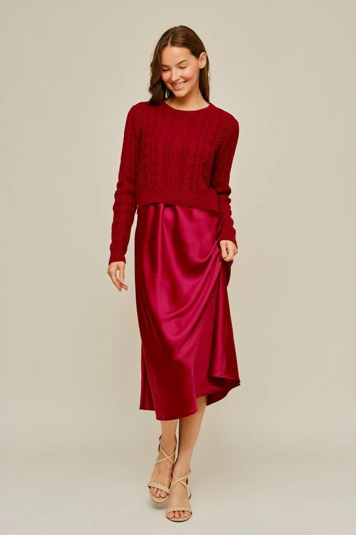 SATIN MIDI DRESS &amp; CABLE KNIT SWEATER SET