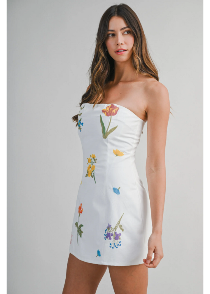FLORAL EMBROIDERED MINI TUBE DRESS