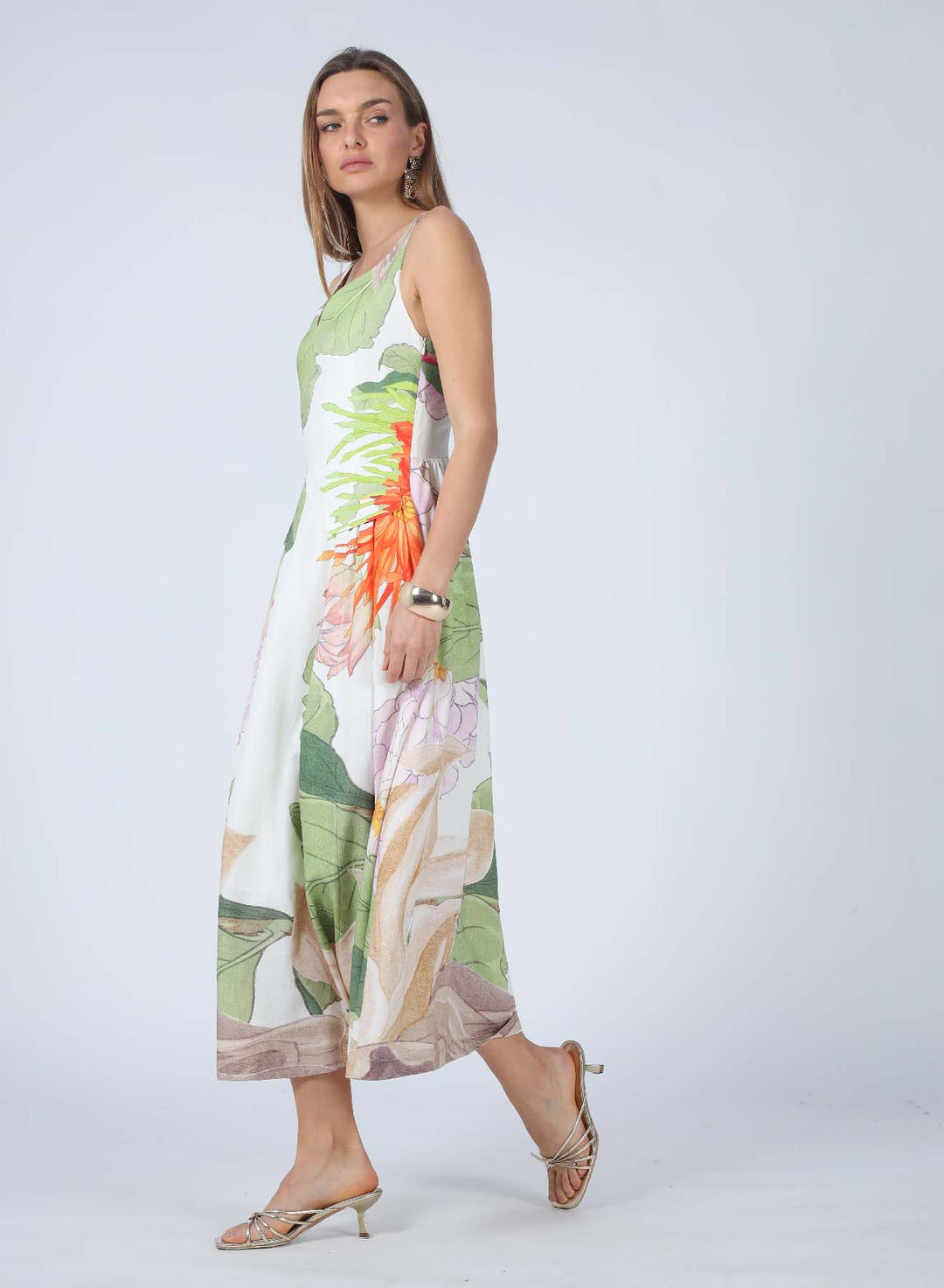 LAILA TROPICAL PRINT V-NECK MAXI DRESS