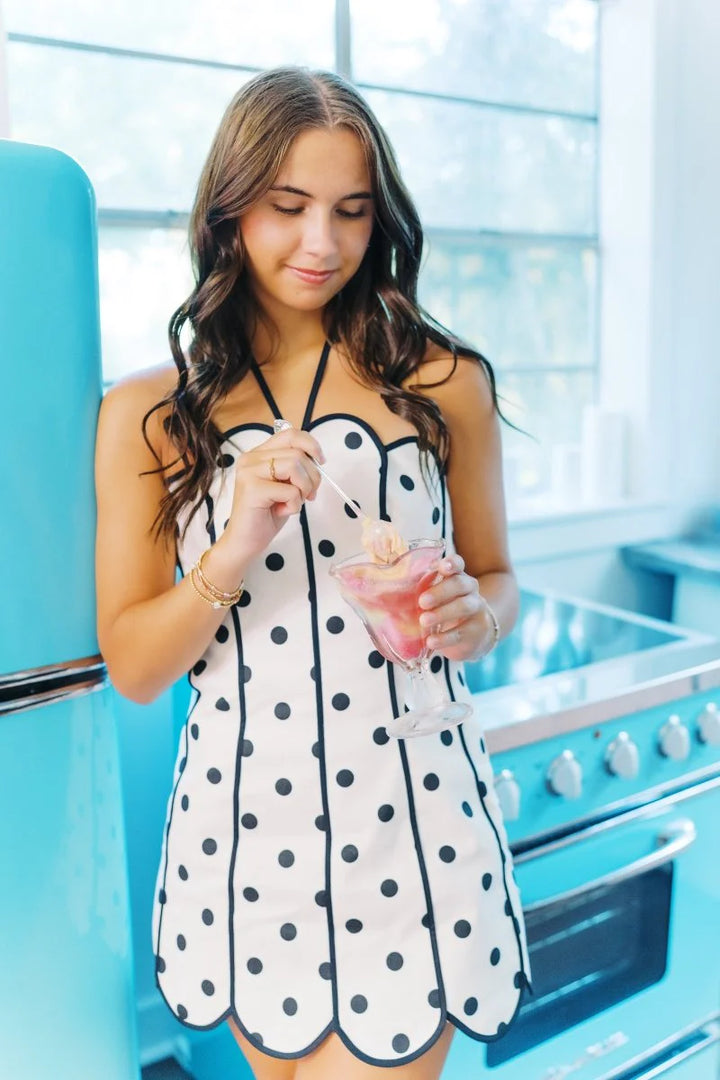 POLKA DOT HALTER SCALLOP MINI DRESS