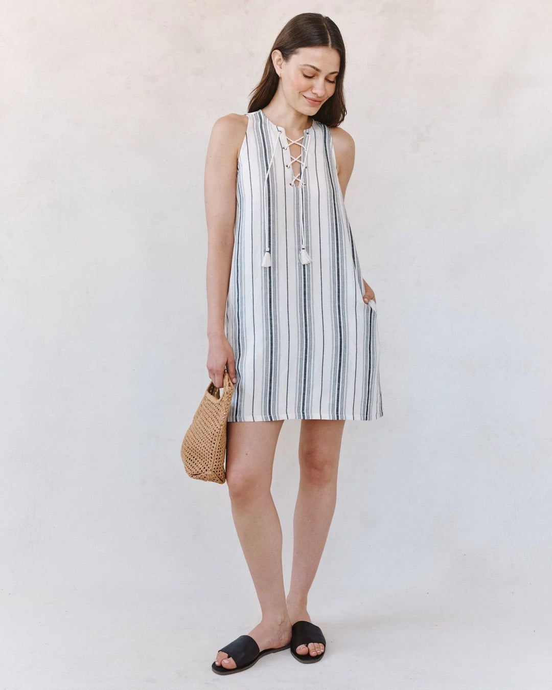 striped lace up dress Angelina Midi Dress With Lace Up in Blue Choco Stripe