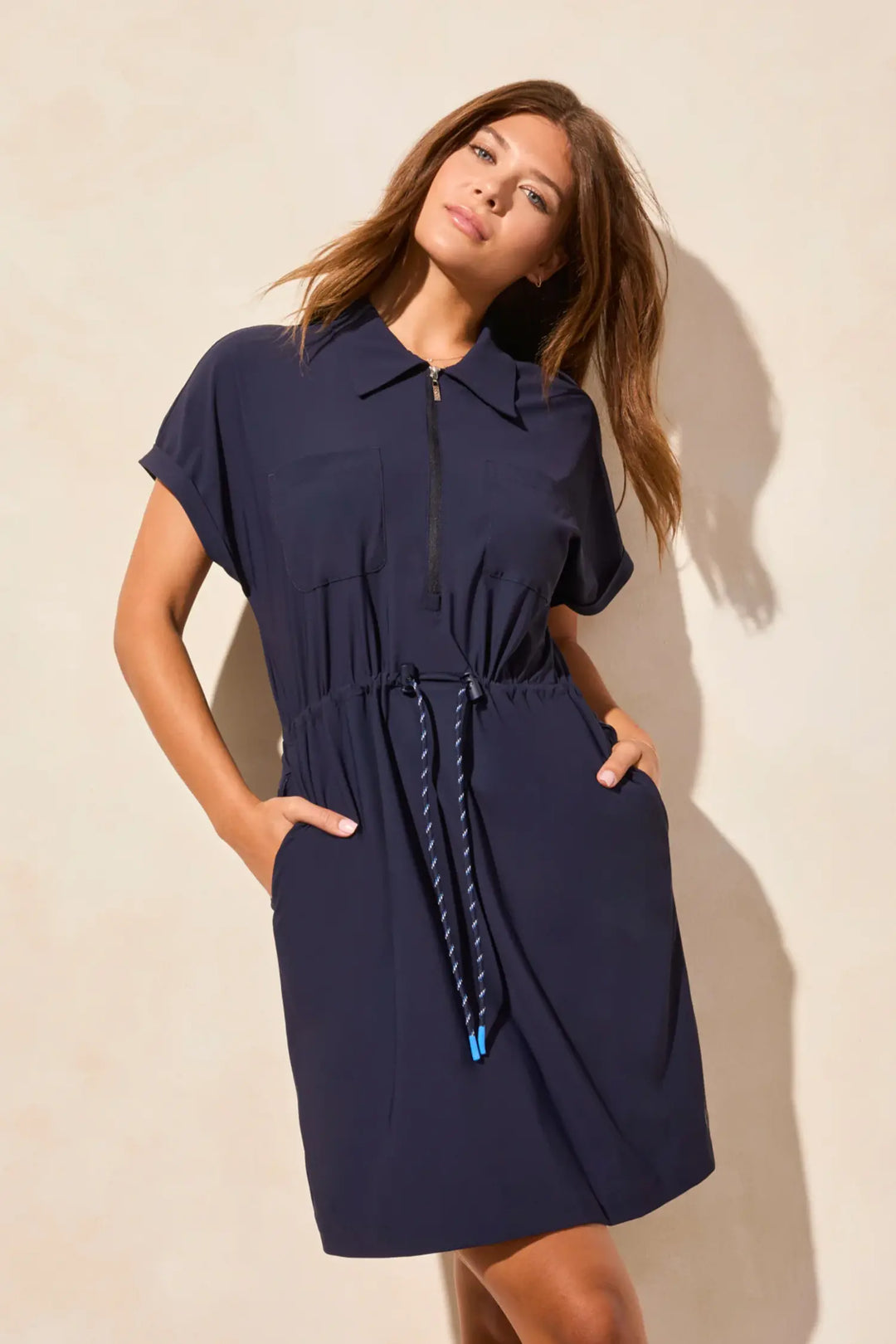 ZIP POLO DRESS WITH WAISTBAND DRAWCORD