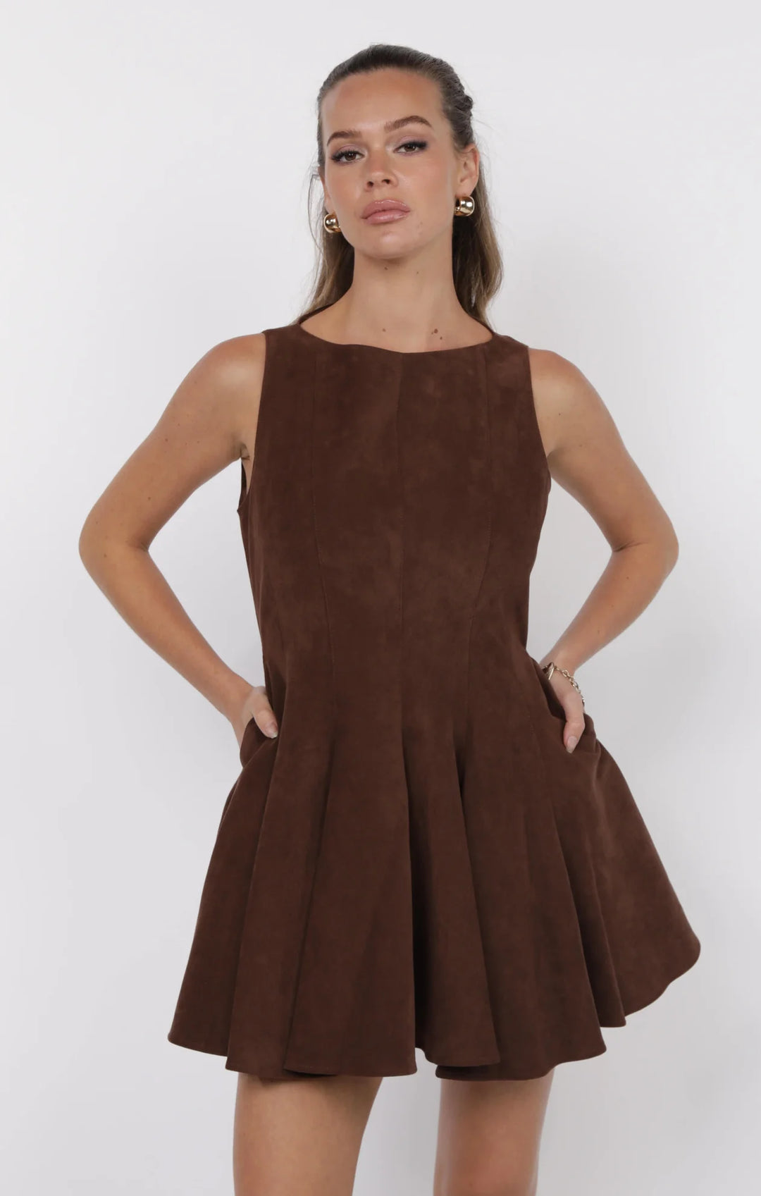 FAR WEST FAUX SUEDE GODET FIT AND FLARE DRESS