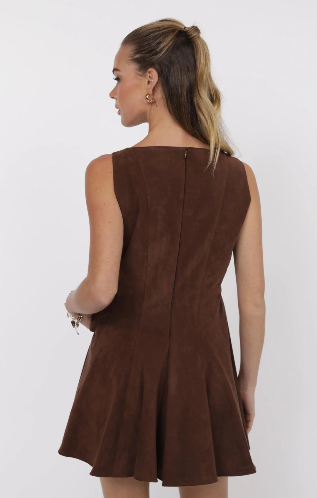FAR WEST FAUX SUEDE GODET FIT AND FLARE DRESS