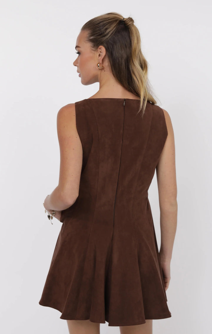 FAR WEST FAUX SUEDE GODET FIT AND FLARE DRESS