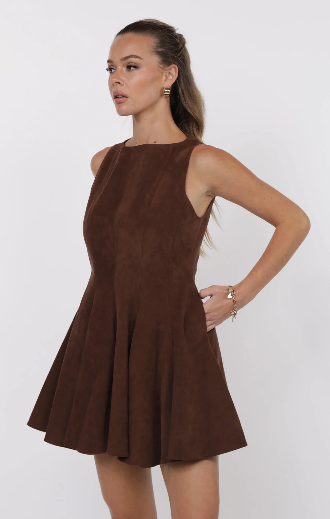 FAR WEST FAUX SUEDE GODET FIT AND FLARE DRESS