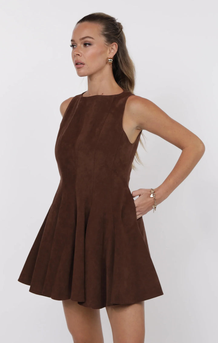 FAR WEST FAUX SUEDE GODET FIT AND FLARE DRESS