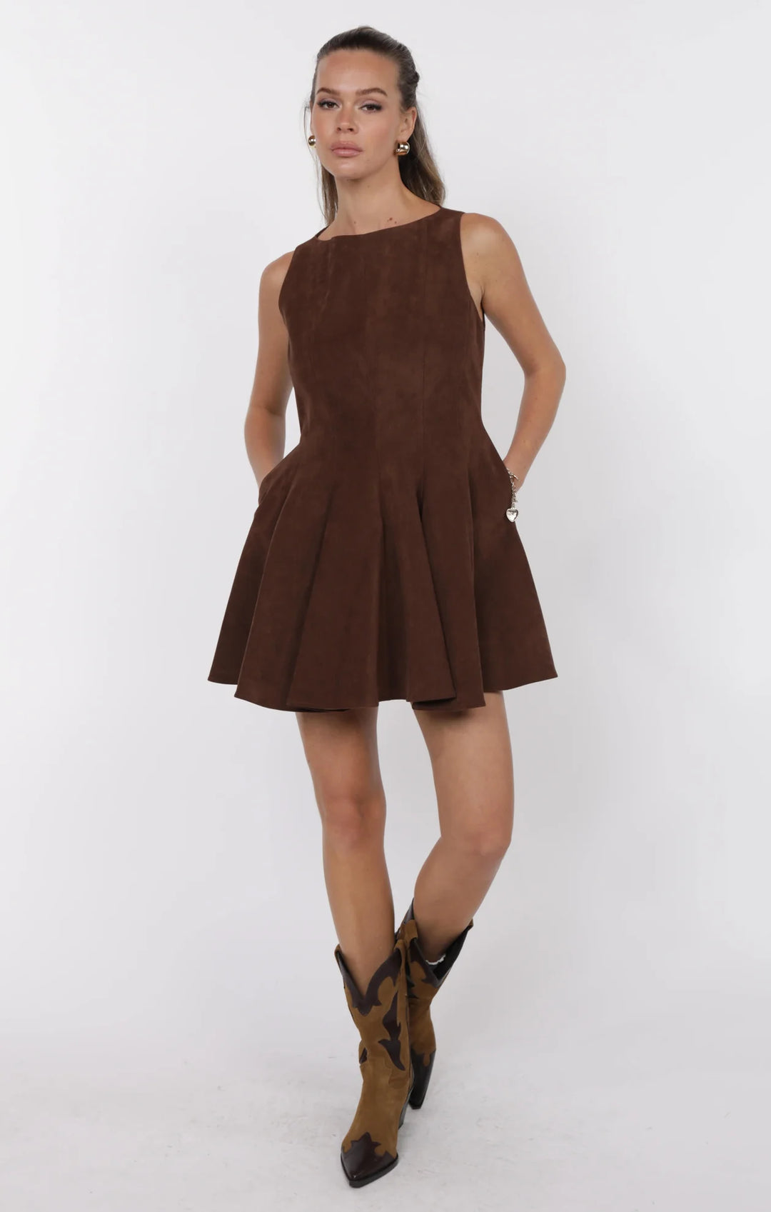 Far West Faux Suede Godet Fit and Flare Dress - Brown H / Medium / LH3383 Far West Faux Suede Godet Fit and Flare Dress - Brown H / Medium / LH3383