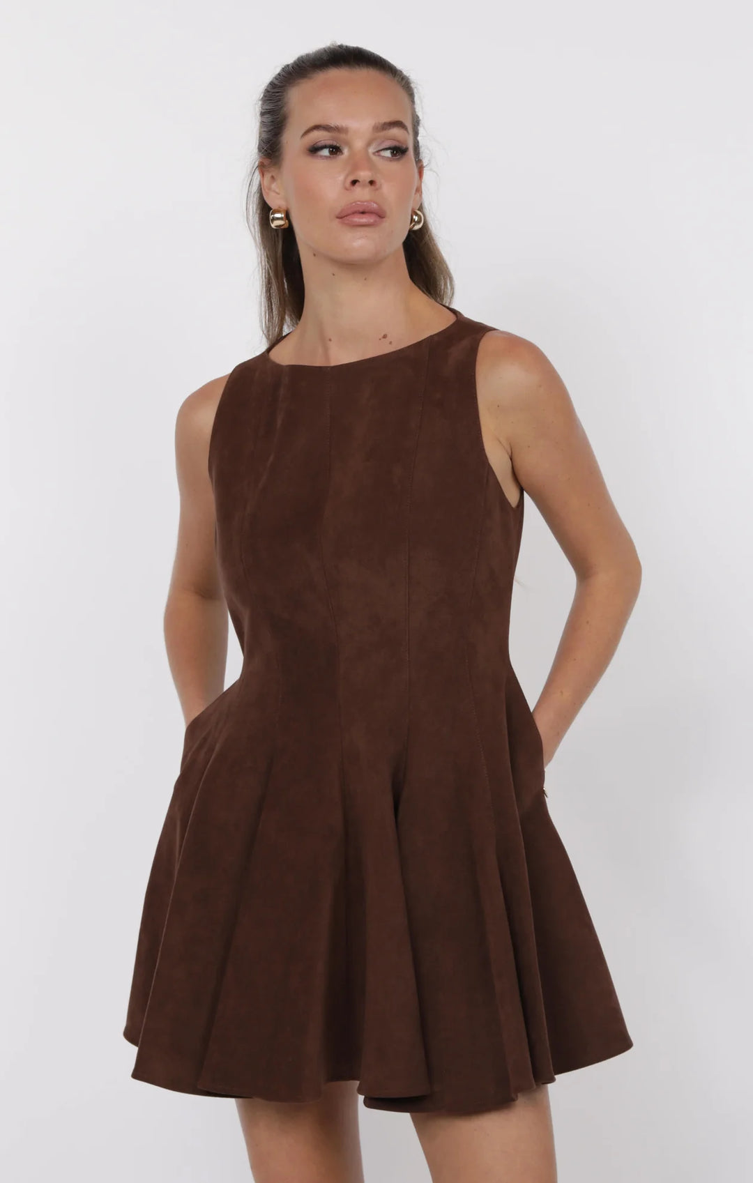 FAR WEST FAUX SUEDE GODET FIT AND FLARE DRESS