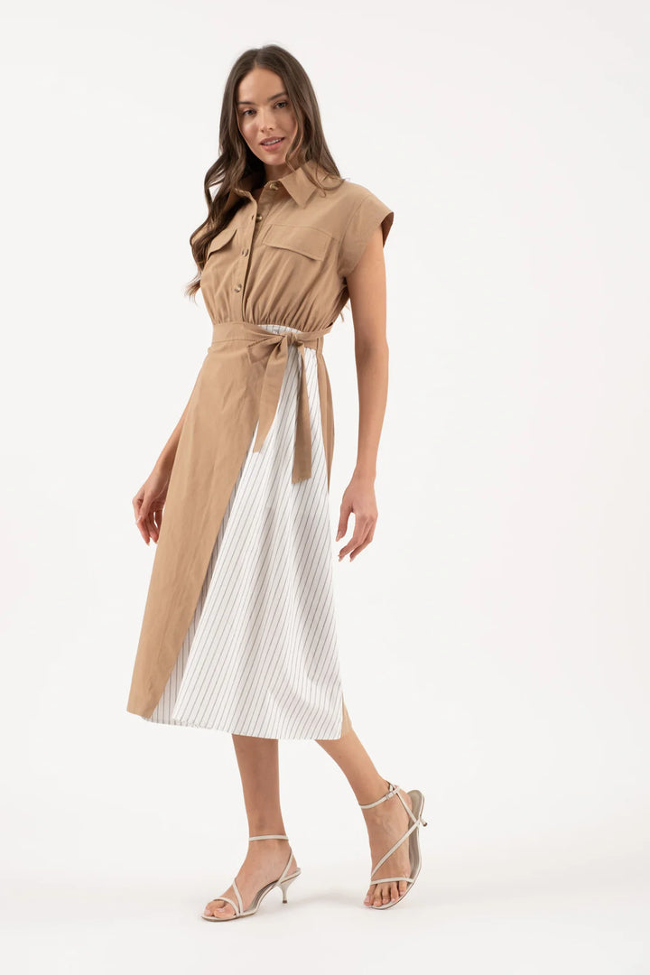 MIXED MEDIA BUTTON DOWN TIE WAIST DRESS