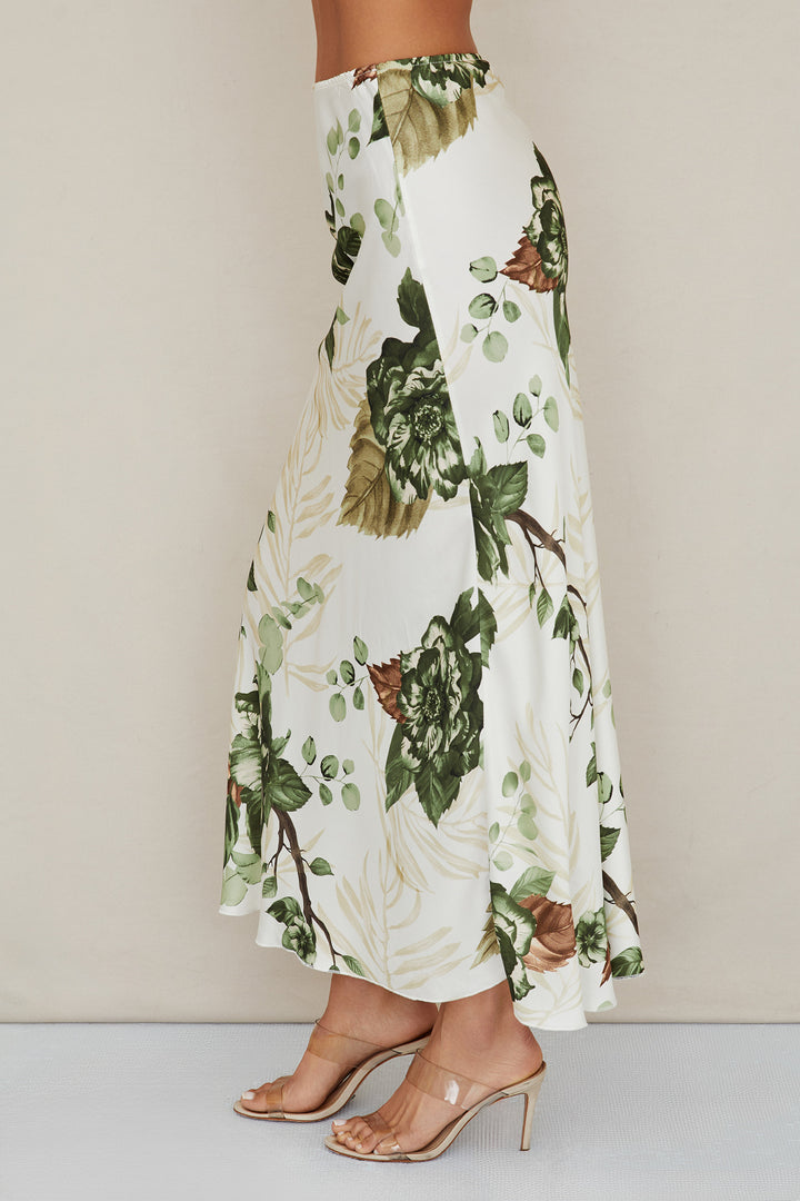 CHATEAU GARDEN FLORAL PRINT SILKY MAXI SKIRT