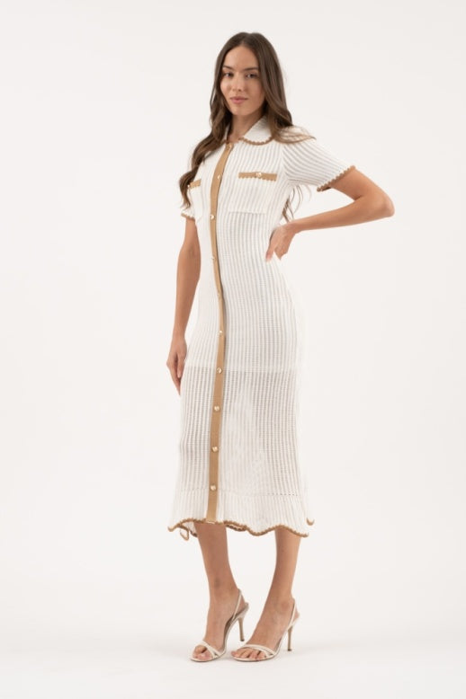 CONTRAST TRIM RUFFLE SWEATER DRESS