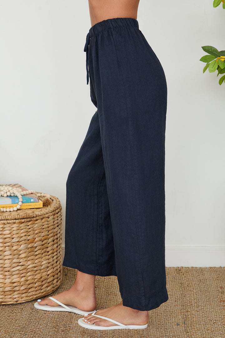 DRAWSTRING WAISTBAND WIDE LEG LINEN PANTS