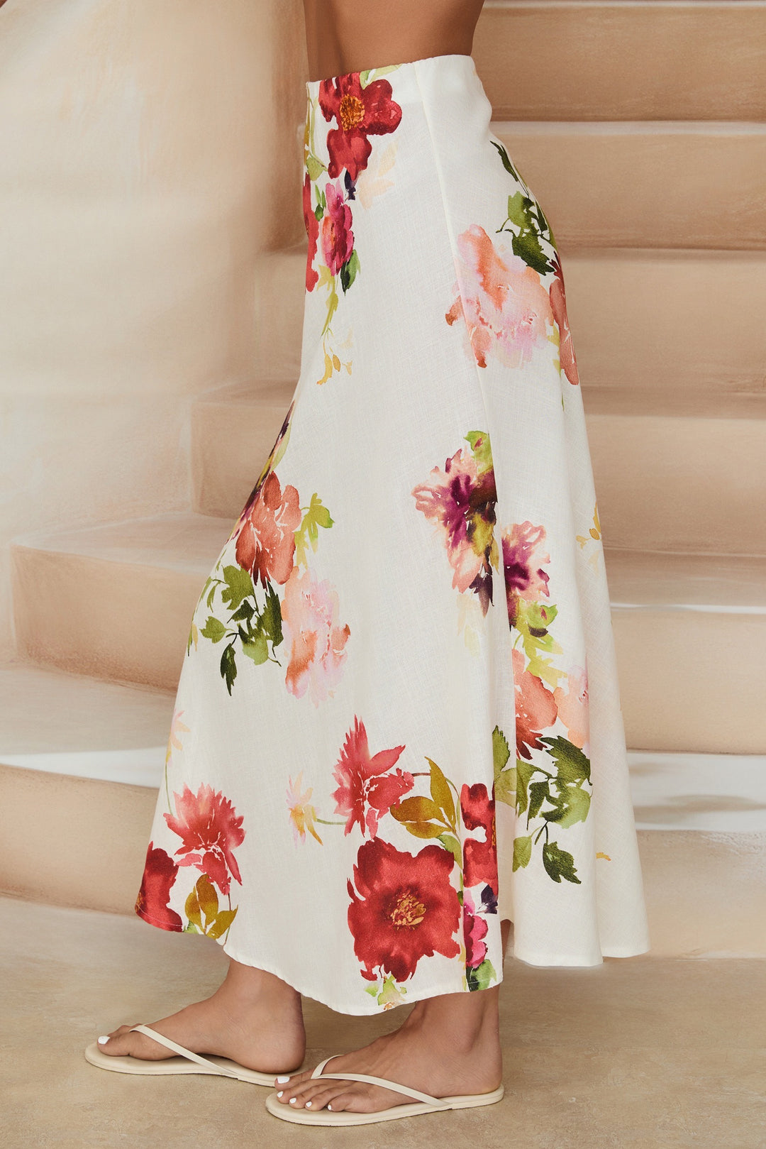 WATERCOLOR FLORAL PRINT MIDI SLIP SKIRT