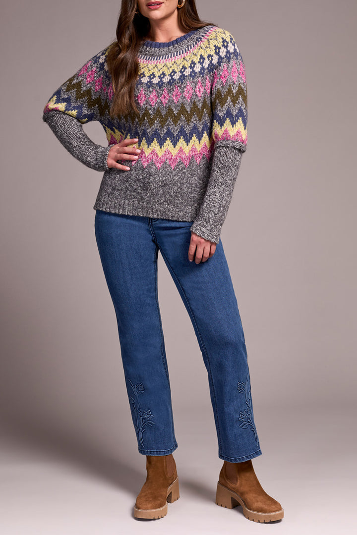 GREY MIX GROUND INTARSIA RIBBED SWEATER