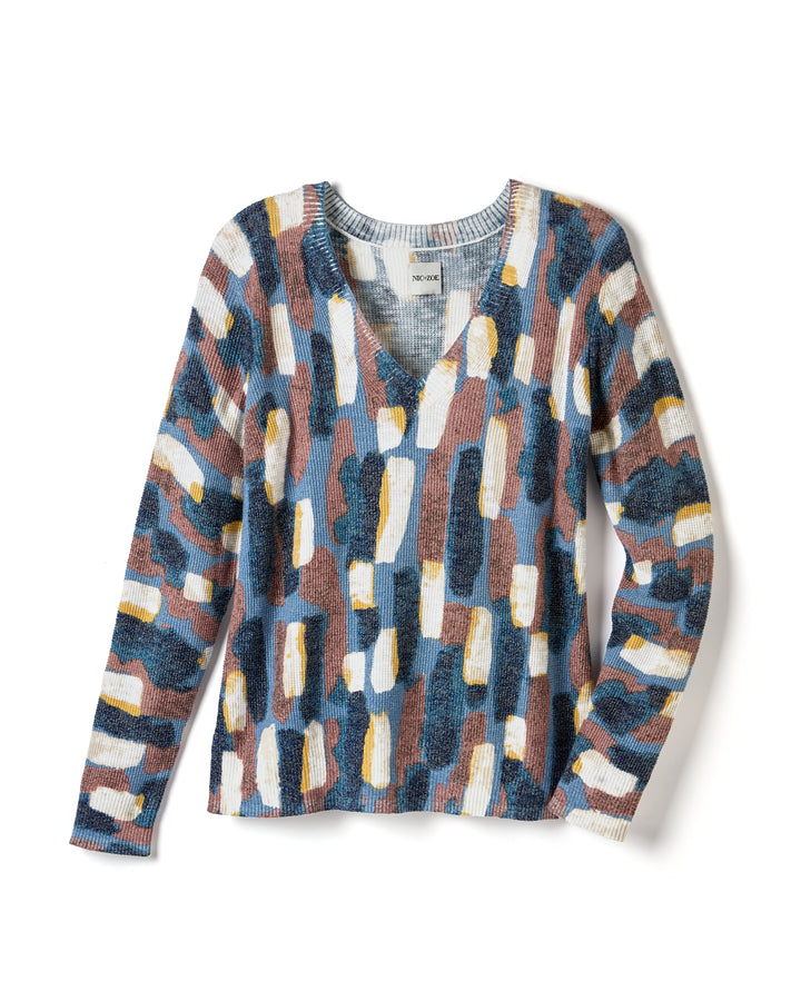 BRUSHSTROKES WAFFLE V NECK SWEATER