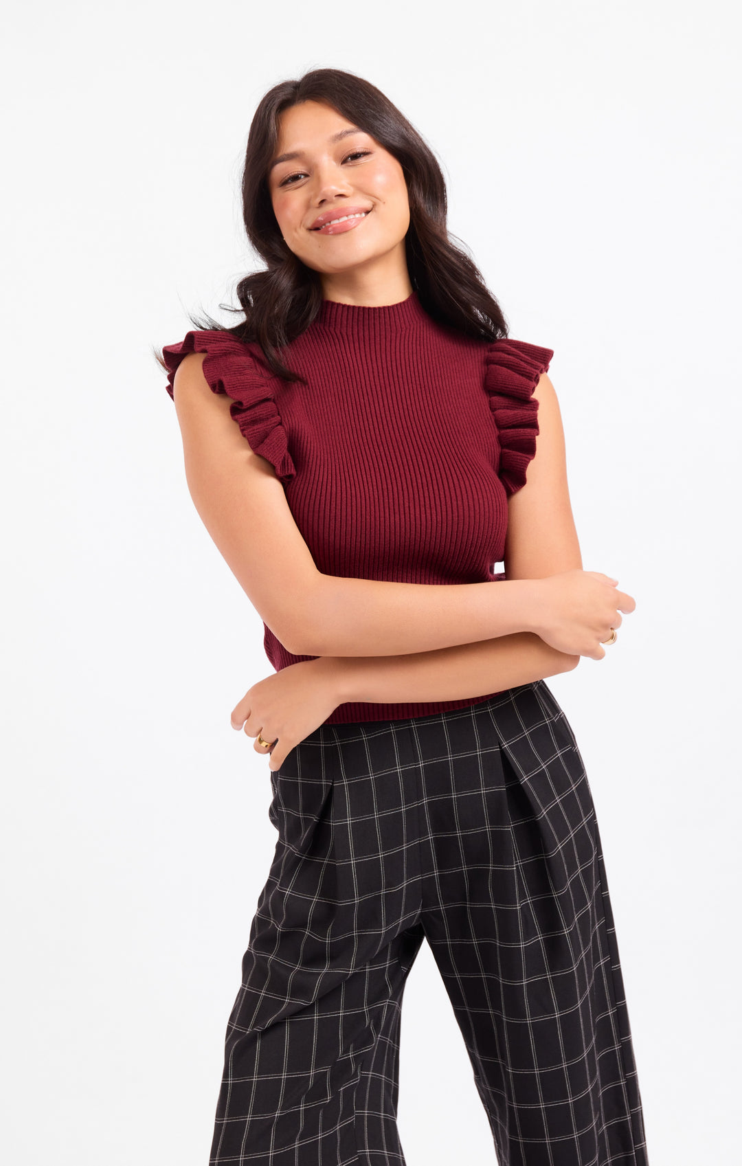 TIFFANY MOCKNECK RUFFLE TANK SWEATER