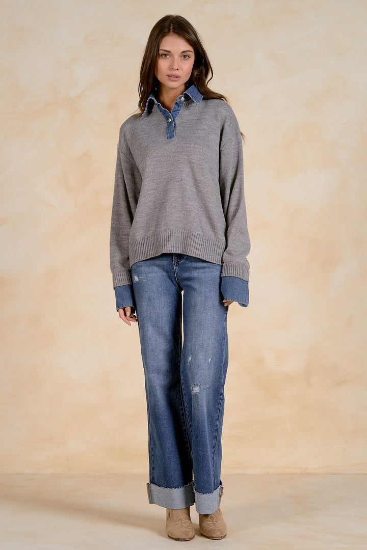 COLLARED DENIM SWEATER