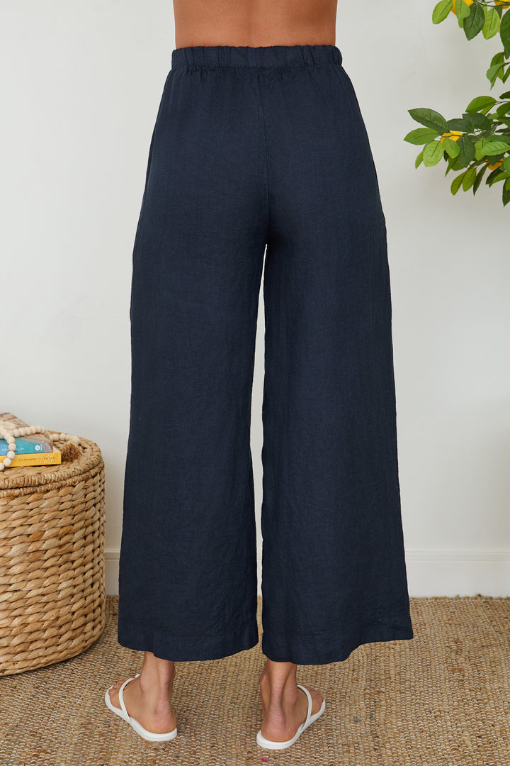 DRAWSTRING WAISTBAND WIDE LEG LINEN PANTS