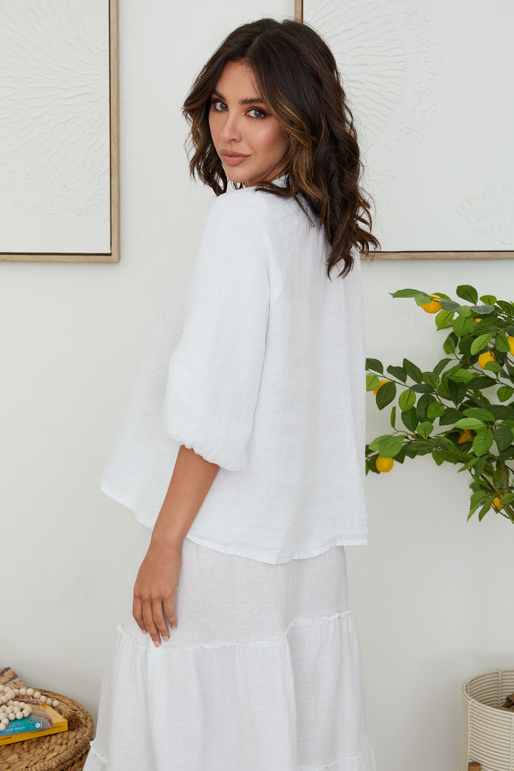 LINEN BALLOON SLEEVE V-NECK BLOUSE
