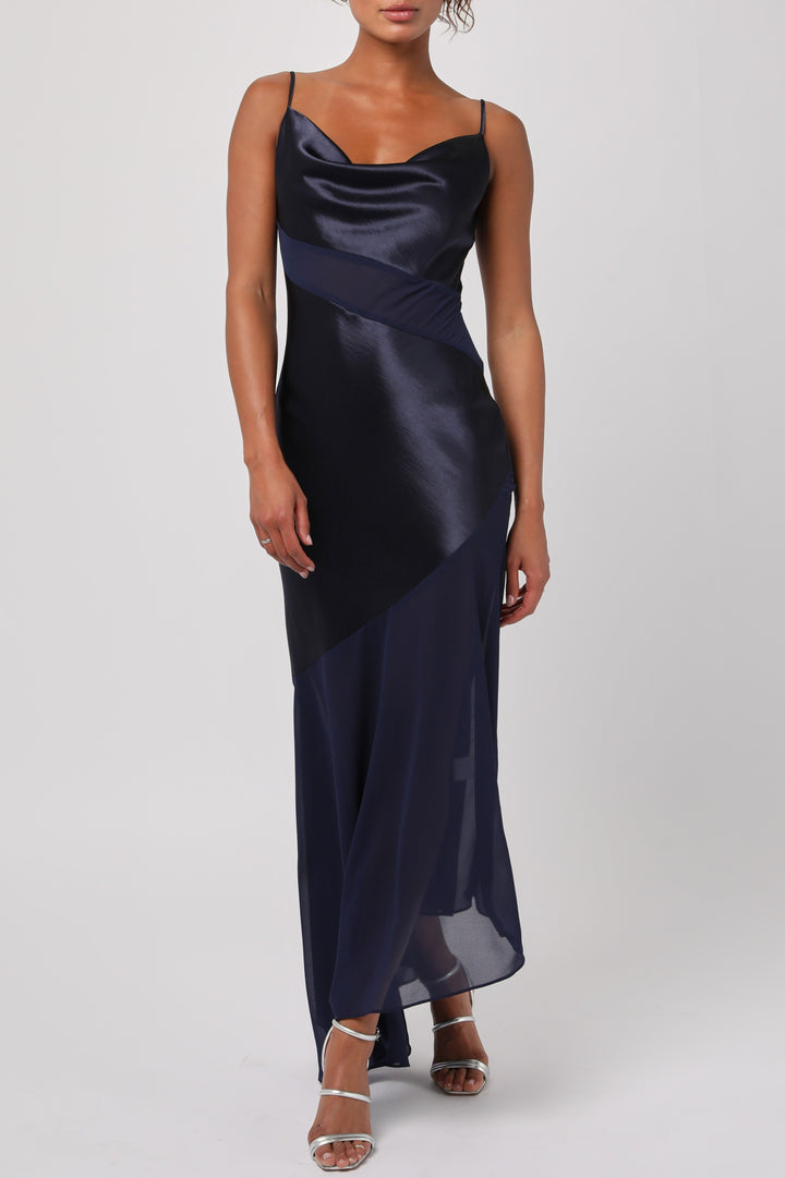 LAINEY ASYMMETRICAL COWL NECK MAXI DRESS