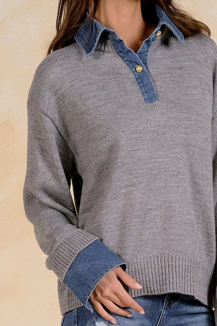COLLARED DENIM SWEATER