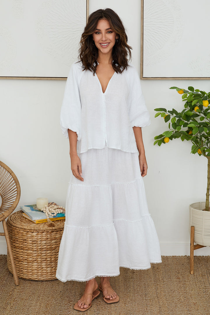 LINEN BALLOON SLEEVE V-NECK BLOUSE