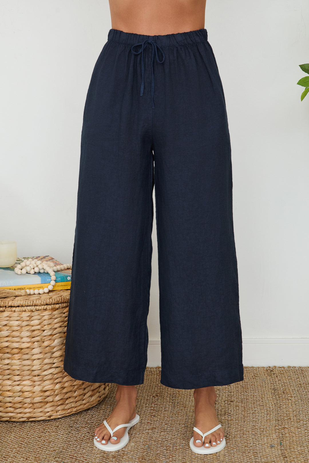 DRAWSTRING WAISTBAND WIDE LEG LINEN PANTS