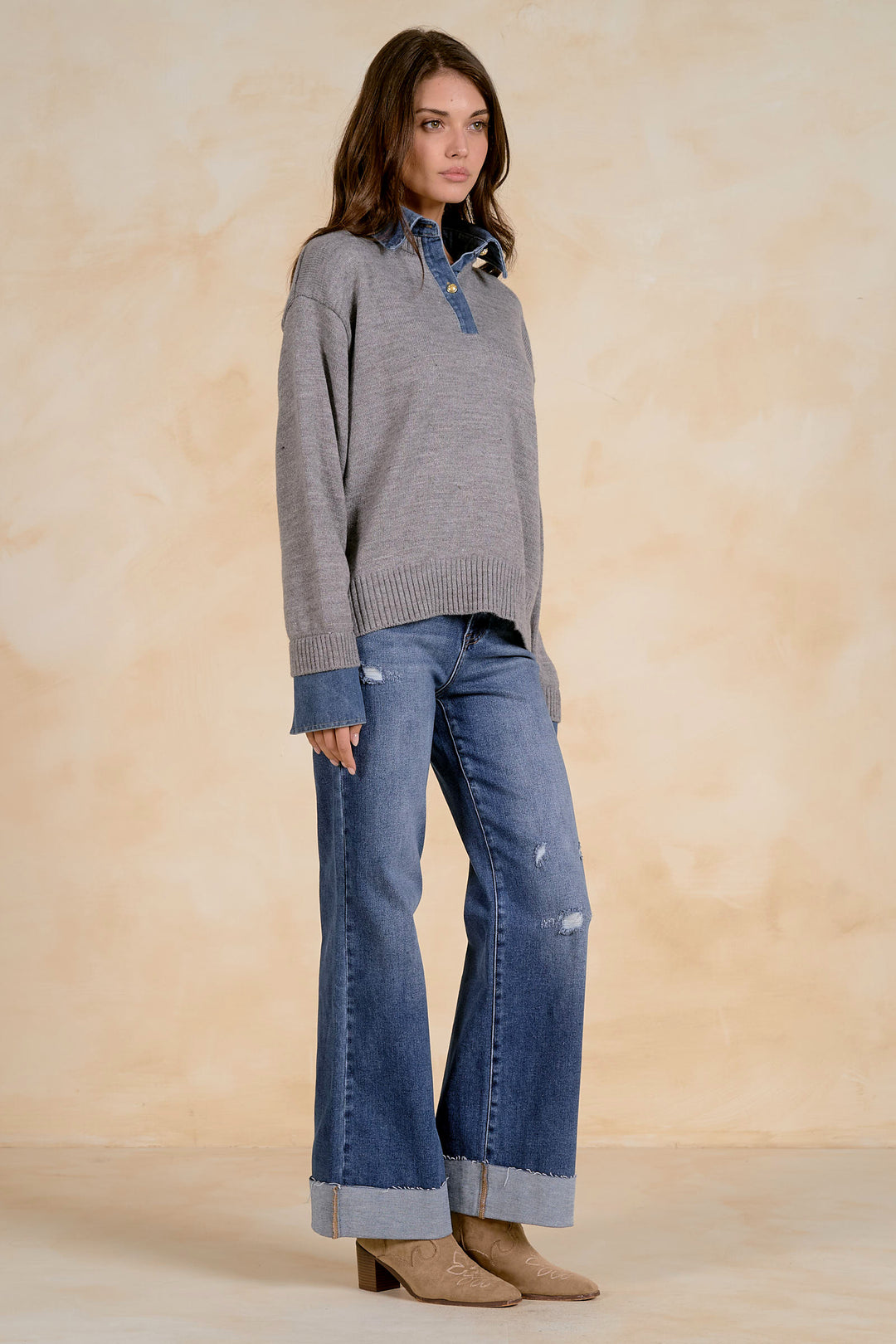 COLLARED DENIM SWEATER