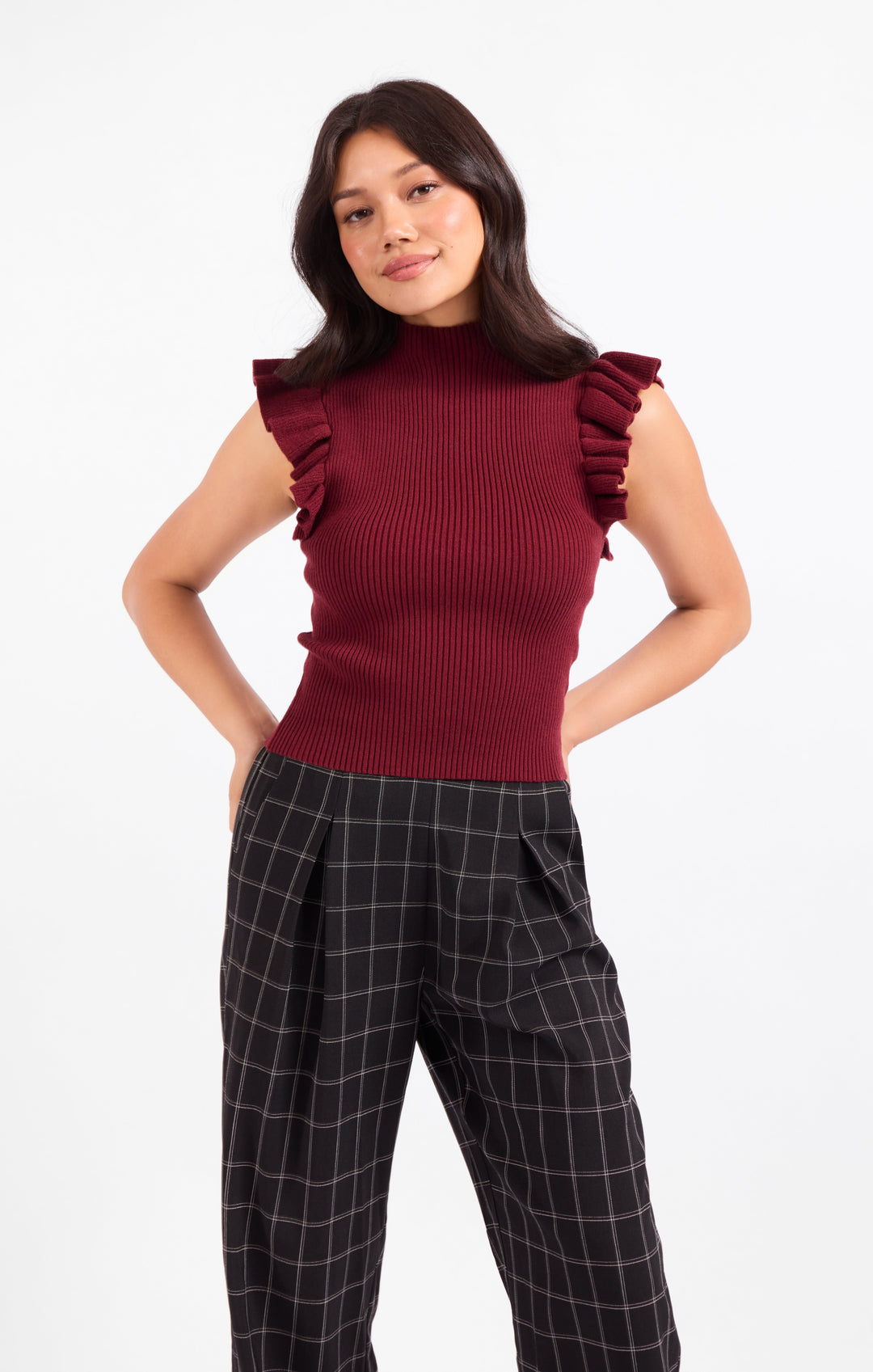 TIFFANY MOCKNECK RUFFLE TANK SWEATER