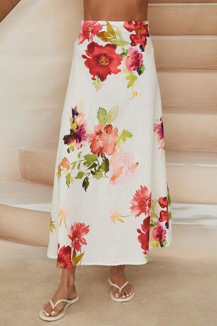 WATERCOLOR FLORAL PRINT MIDI SLIP SKIRT