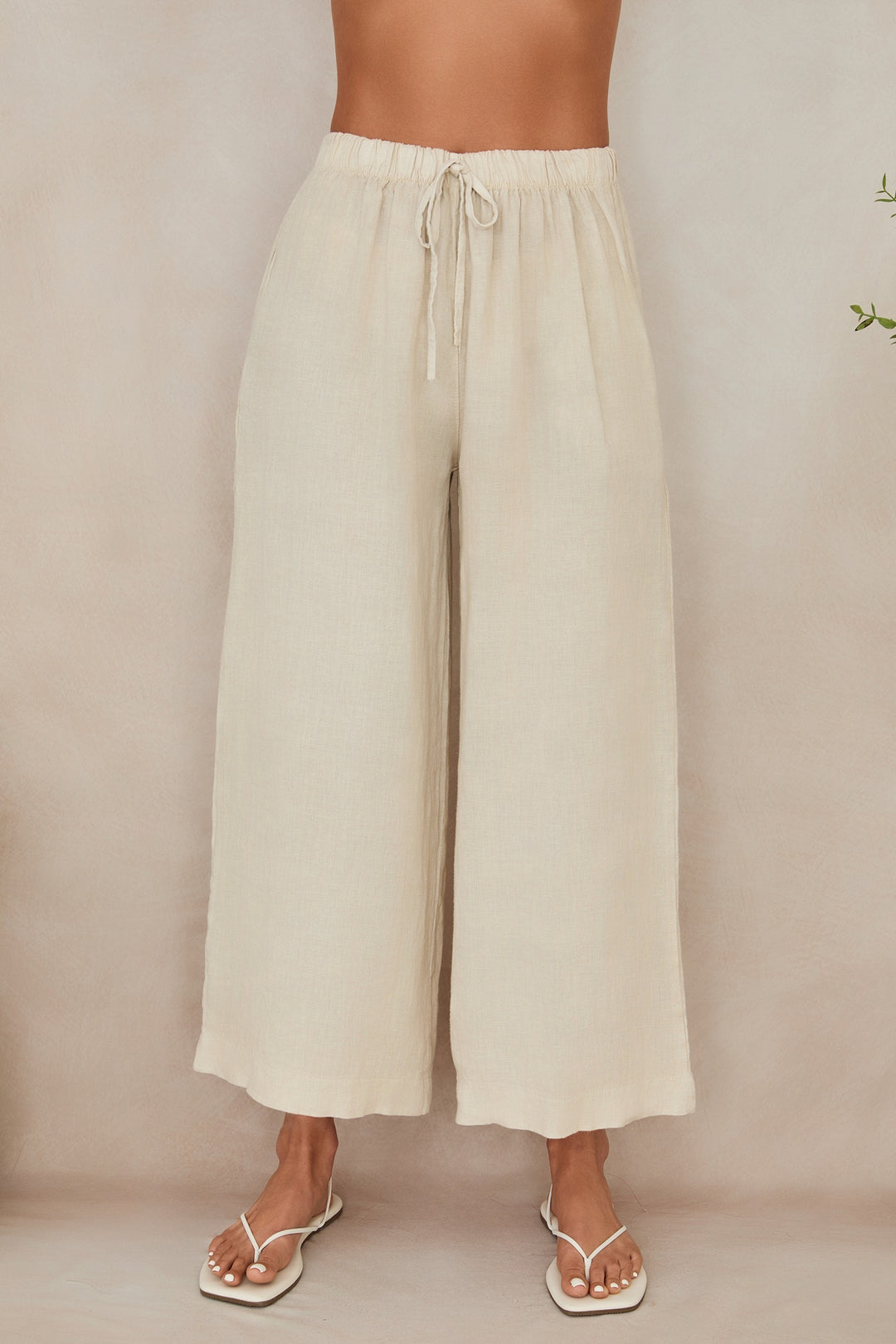 DRAWSTRING WAISTBAND WIDE LEG LINEN PANTS